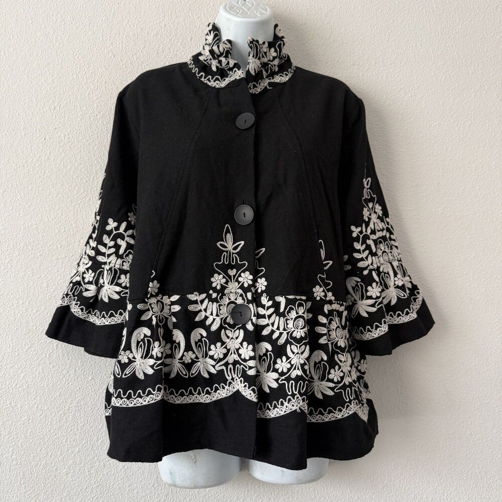 Damee Inc Boho Embroidered Floral Jacket Black White Peplum Art To Wear Coat XL